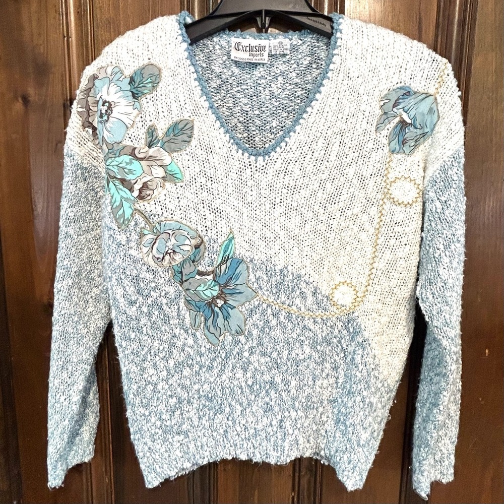 Vtg EXCLUSIVE IMPORTS Sweater 80s Blue Appliqué/Pearl/Shoulder Pads Women's Med
